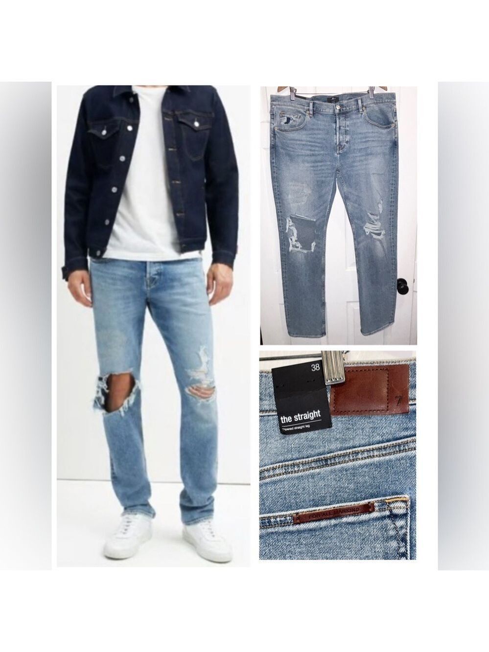 NWT 7 For All Mankind Men's The Straight Leg Jeans Destroyed Knees Size 38 NEW